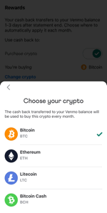 Screenshot of Venmo Cashback to Crypto